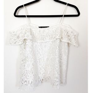 Zara White Off the Shoulder Floral Cut-out Top
